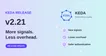 KEDA v2.21 release, with the KEDA logo and graphics for new signals, lower overhead, and safer authentication